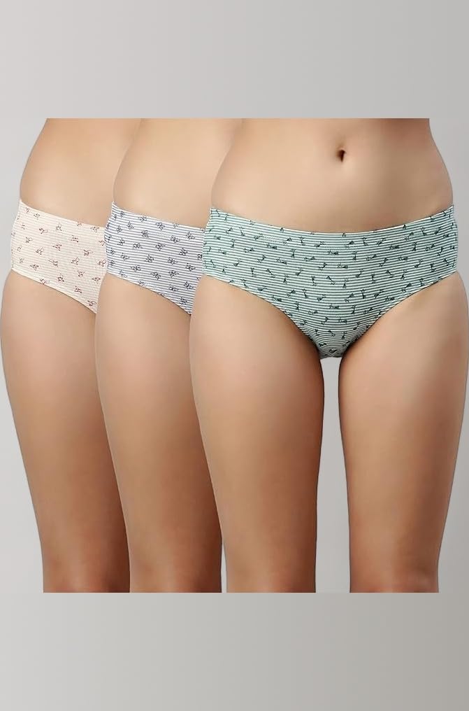 Stretchable Cotton Hipster Panties for Women, Full Coverage Grip Fit Inner Elastic with Antimicrobial & Stain Release Technology - Color and Print May Vary - CR17 (Pack of 3)