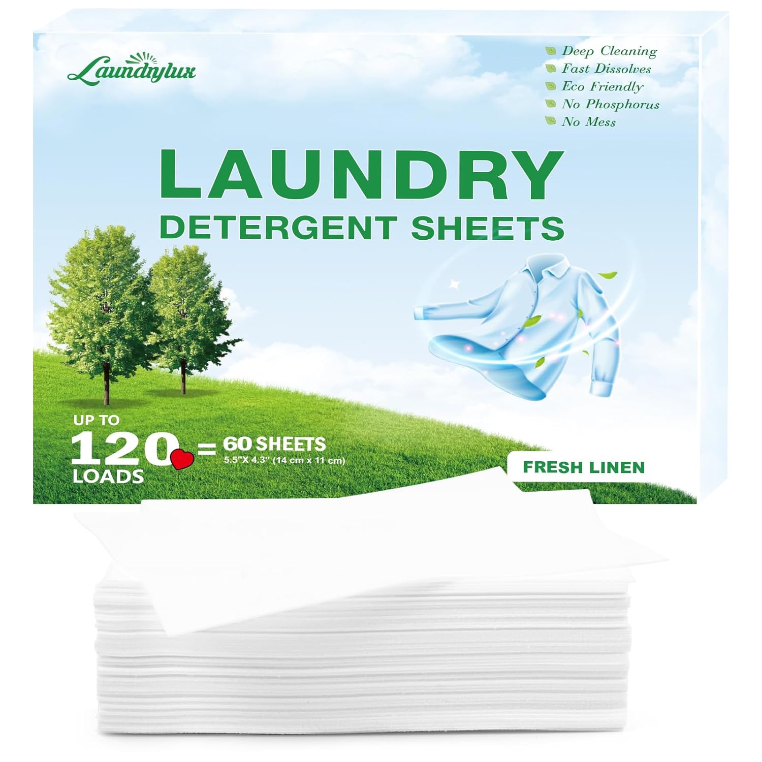 Laundry Detergent Sheet Eco-Friendly Hypoallergenic Wash Strips Natural Ingredients Ultra-Concentrated Travel-Ready No Plastic Jug- Fresh Scent 120 Loads