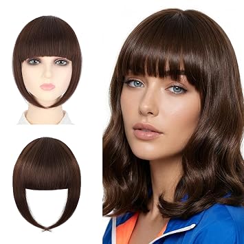 Clip In Bangs Fake Bangs Hairpiece, 50g Thick Clip-On Fringe with Temples, Curved Clip-In Curtain Bangs Hair Extensions for Women Medium Brown