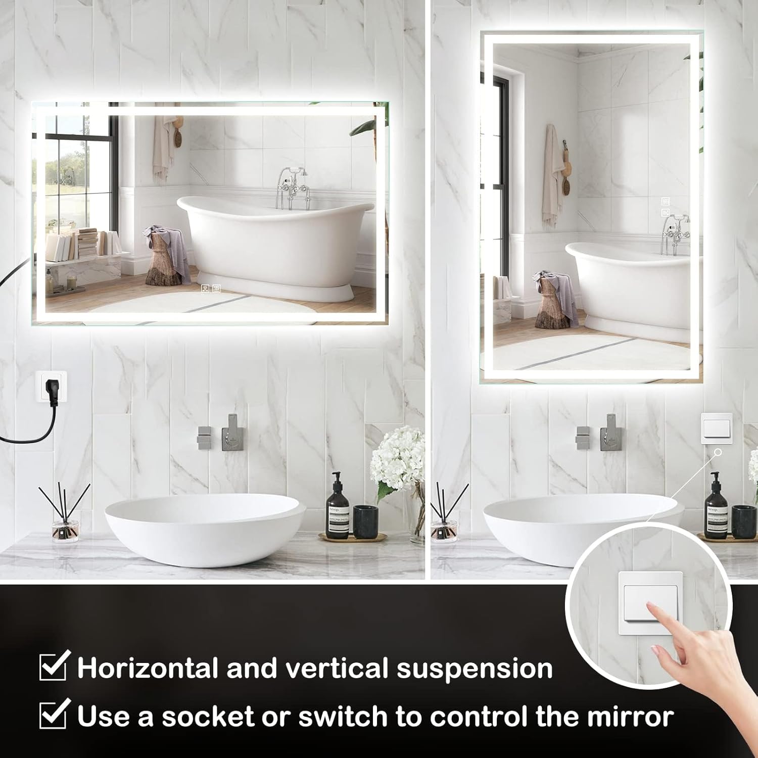 ROOMTEC 48 x 36 Inches LED Bathroom Mirror with Front and Backlit,Anti-Fog,3 Colors and Dimmable Light(Horizontal/Vertical)