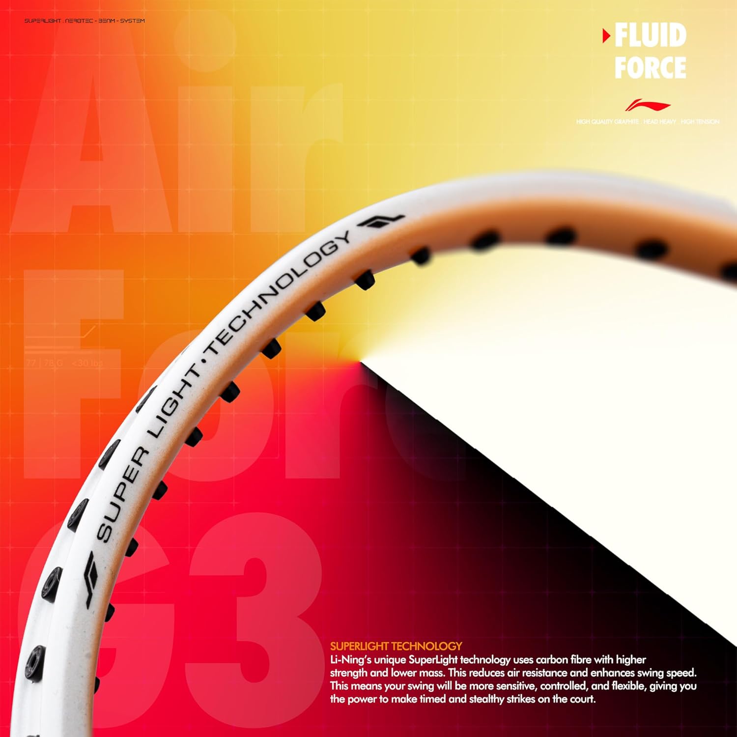 LI-NING Air - Force 78 G3 Strung Carbon Fibre Badminton Racquet (78G G6) (White/Orange/Black)