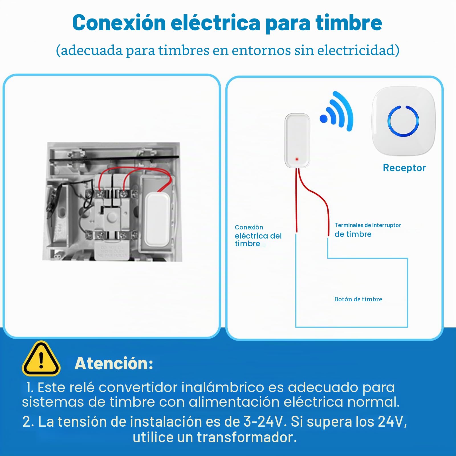 Repetidor de señal Inalámbrica, Extensión de Timbre Inalámbrico, Conjunto de Repetición de Gong Inalámbrico, Amplificador de Timbre para Timbres y Sistemas de existentes