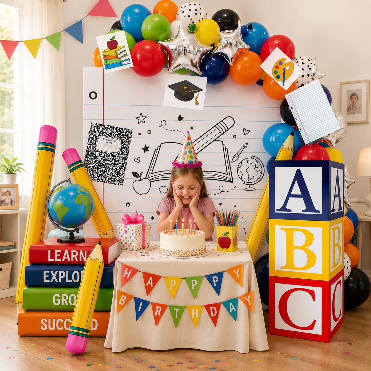 15 Pcs School Theme Decorations - ABC Alphabet Boxes and Large Inflatable Pencils First Day of School Party Supplies for Birthday Party Kindergarten Preschool Decor image 3