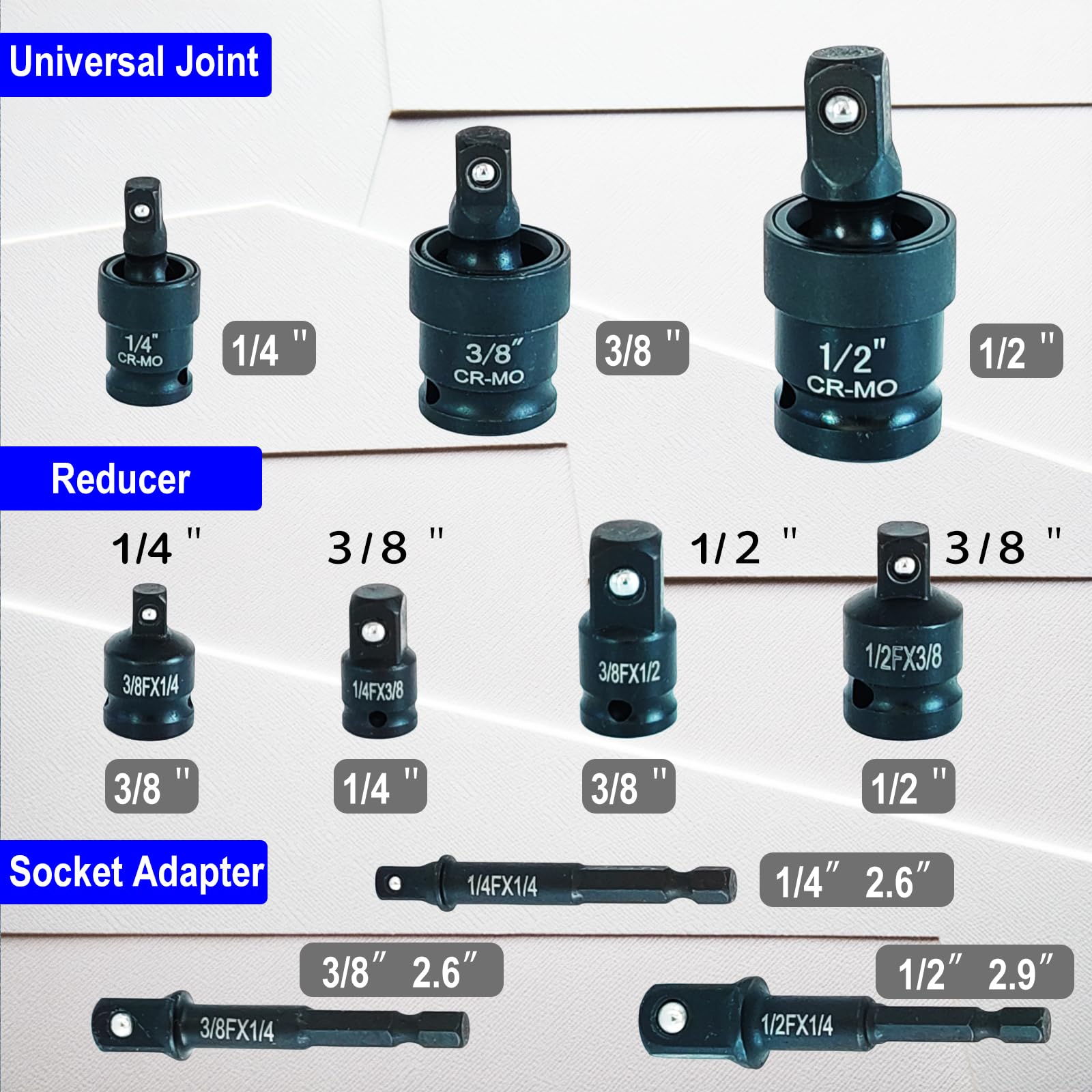 Juego de 10 adaptadores de enchufe de impacto con funda, tamaños de 1/10.2 cm 3/20.3 cm 1/5.1 cm ZJT-10
