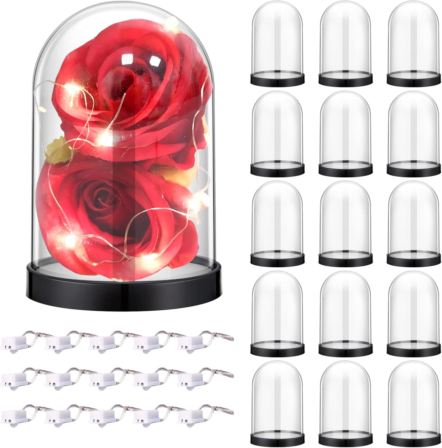 15 Pcs Plastic Dome Display Case with Black Base 5 x 3.3 Inch Clear Cloche Bell Jar with 15 LED Lights for Collectibles, Rose, Office, Home Tabletop Decor