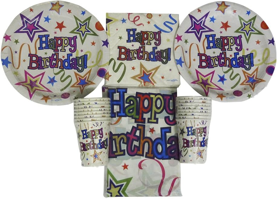 Party Supplies - Tableware Pack – Ribbons and Stars Party Bundle – 16 Paper Plates, 16 Napkins, 16 Cups, 1 Tablecover - Disposable Tableware – Partyware For Kids - 49 items total.