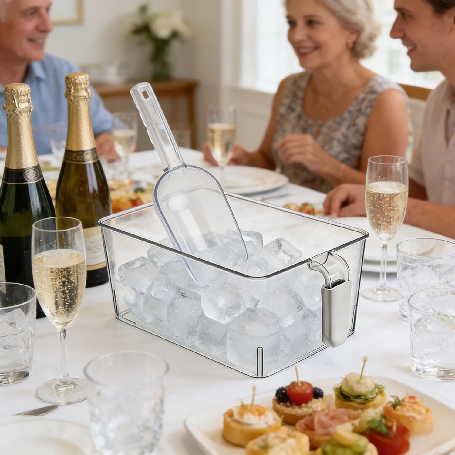 2-Pack Clear Gray Ice Storage Bins with 2 Thickened Scoops, Durable Freezer Containers with Handles, Space-Saving Kitchen Organizer, 12.2 x 6.9 x 4.3 Inches