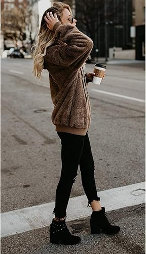 Miniatura 4 de ReachMe - Sudadera de gran tamaño con capucha sherpa para mujer, de vellón, sin botones, con bolsillos, cuadros escoceses, abrigo mullido