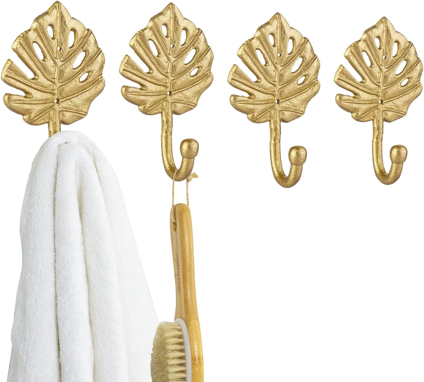 MyGift Vintage Gold Leaf Design Wall Hanging Hooks, Metal Monstera Leaves Wall Mounted Entryway Storage Coat Hooks, Set of 4 - Handcrafted in India