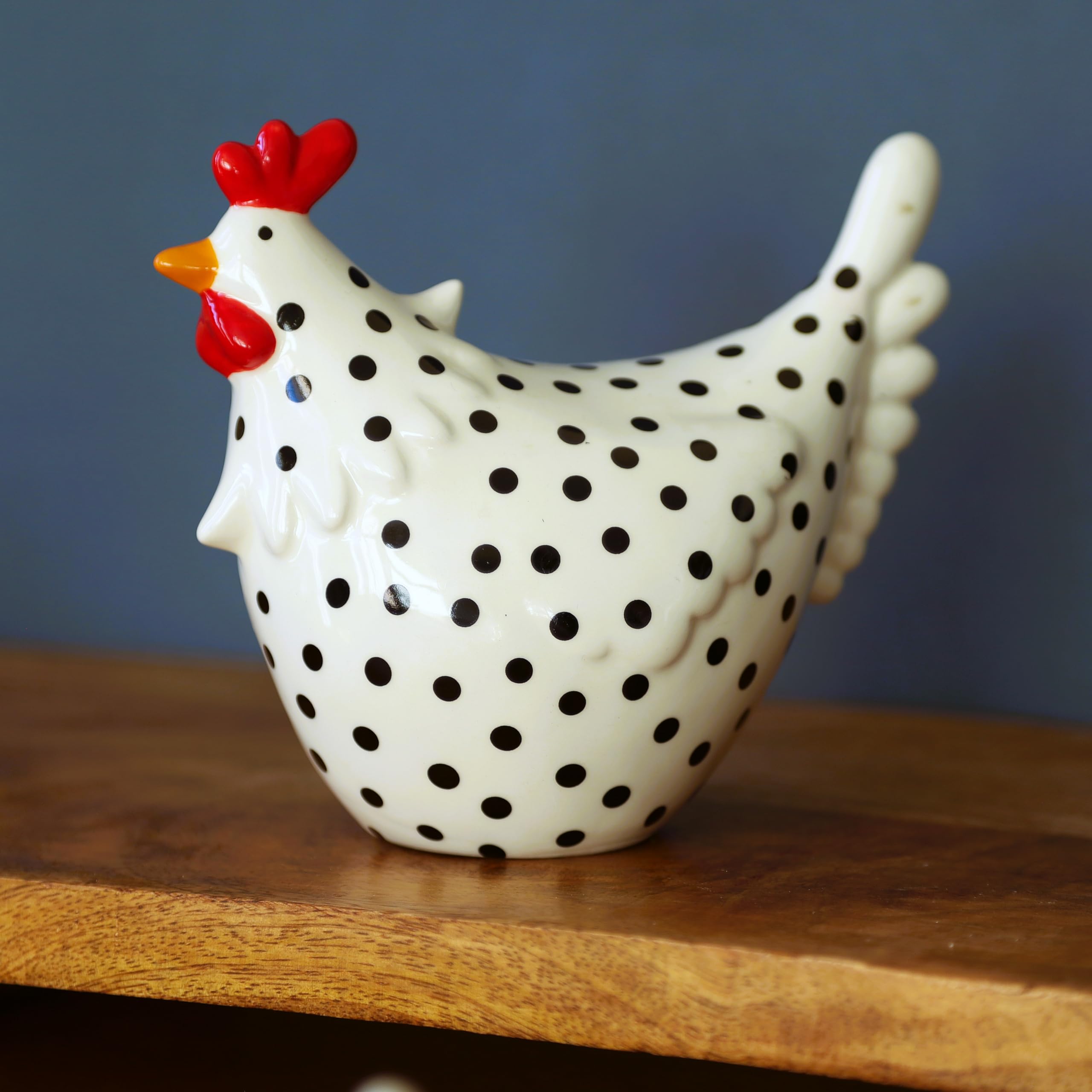 Fyne-Finds White Ceramic Speckled Chicken Polka Dot Hen Shelf Sitter Ornament Decorative Home Figurine (Large )