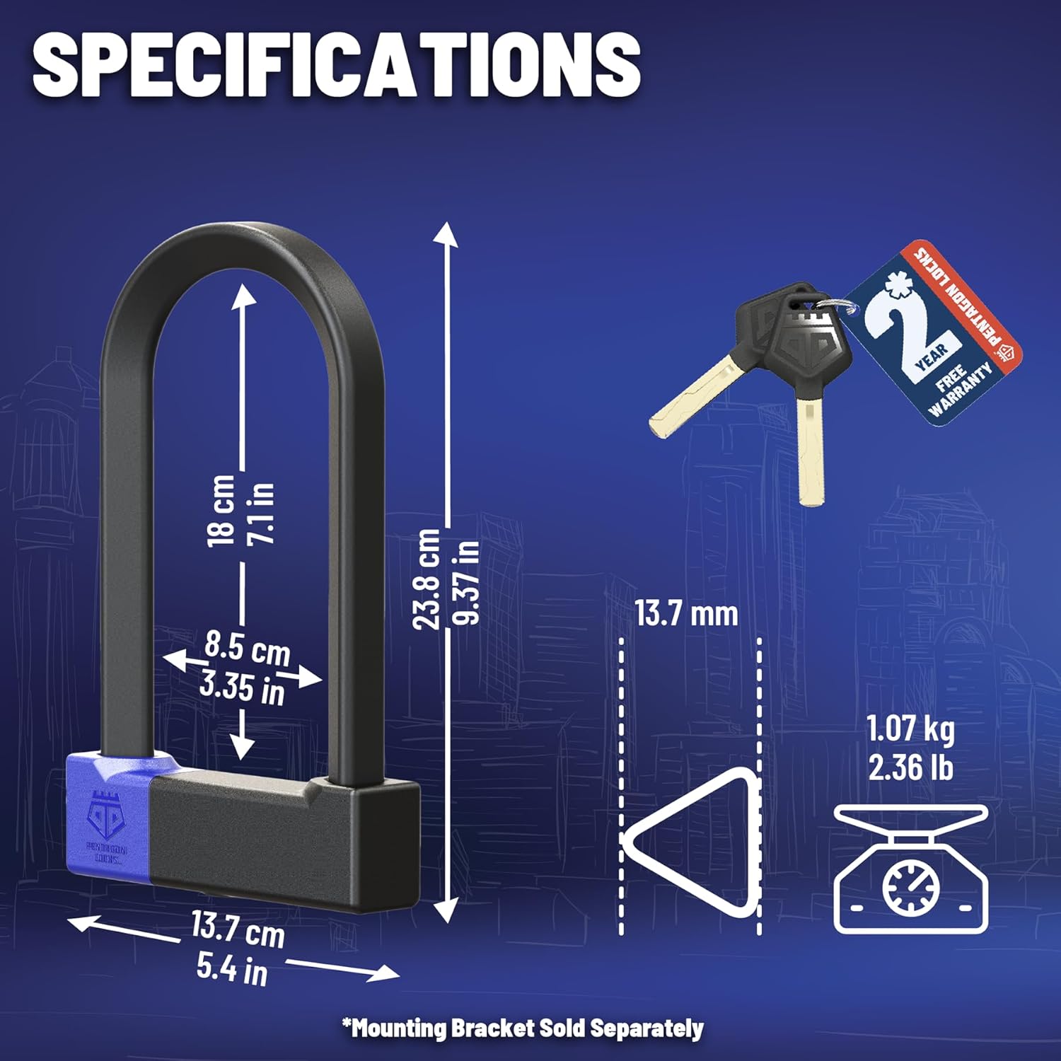 PENTAGON Bike U Lock - Patented Heavy Duty Anti Theft Bicycle ULock - Ultra Lightweight Sold Secure Gold Bike Security D Lock with Keys for Bikes Electric Bikes and Scooters