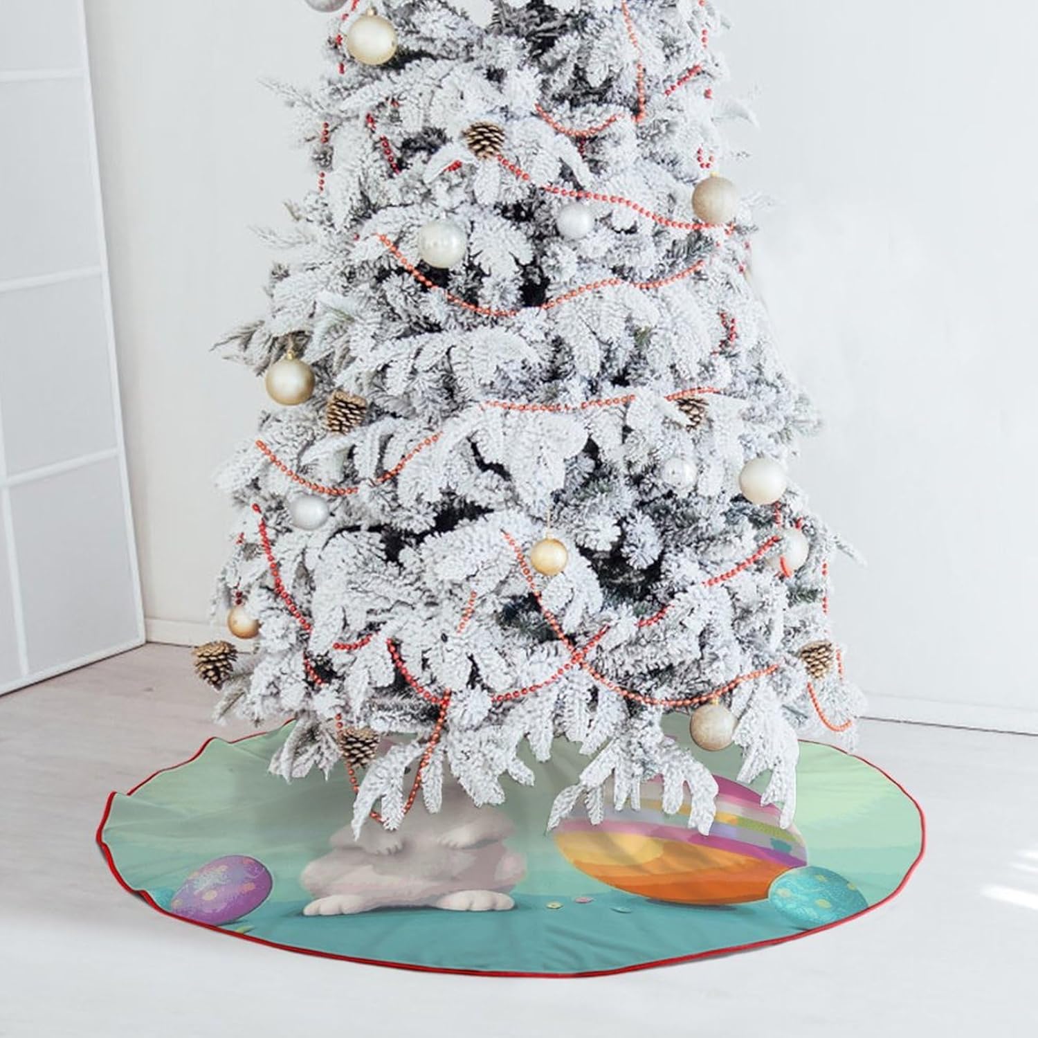 Christmas Tree Skirt,for Xmas Tree Holiday Party Decorations Happy Easter Egg Rabbit Printed Christmas Tree Mat Red Lace-up Christmas Tree Dress