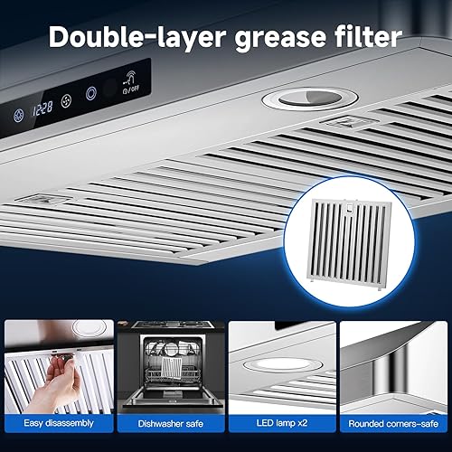 Miniatura 7 de AMZCHEF Campana extractora debajo del gabinete de 30 pulgadas con sistema de ventiladores duales, ventilación ultra potente de 1050 CFM, campana de