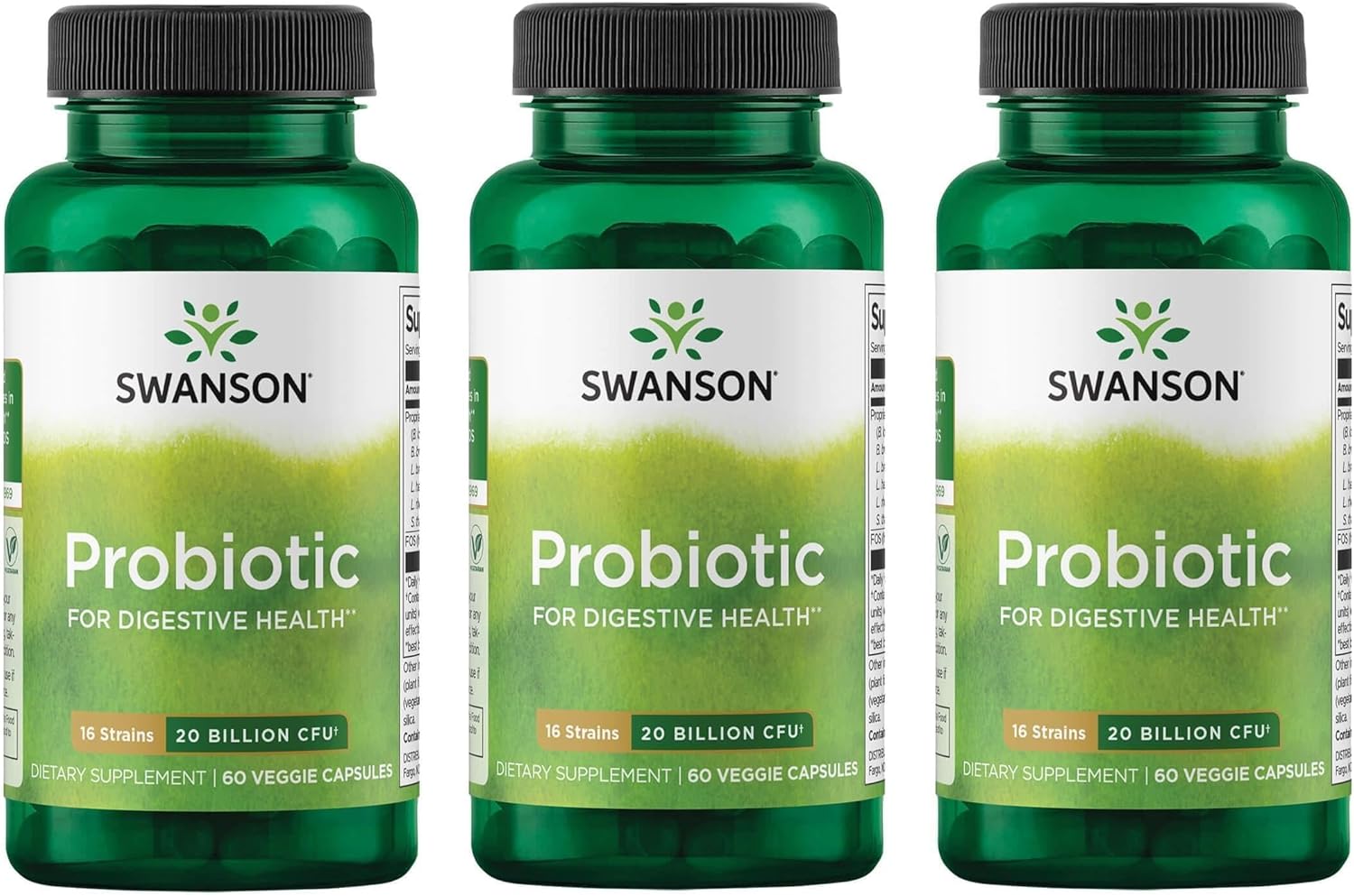 Swanson Probiotic for Digestive Health GI Tract Immune Support Travelers Support 20 Billion CFU with Prebiotic FOS 60 Veggie Capsules (Caps) (3 Pack)