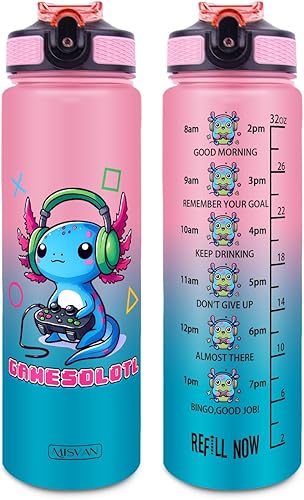 Miniatura 18 de Botella de agua de lobo de 32 onzas con marcador de tiempo, apertura de un clic, boca ancha, sin BPA, rastreador motivacional (negro)