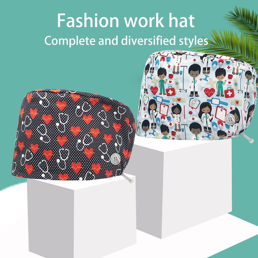 niaahinn Working Hats Doctor Nurse Caps with Button Tie Back Hats with Sweatband Multi-purpose Adjustable Hospital for Women Men (83064-83066)