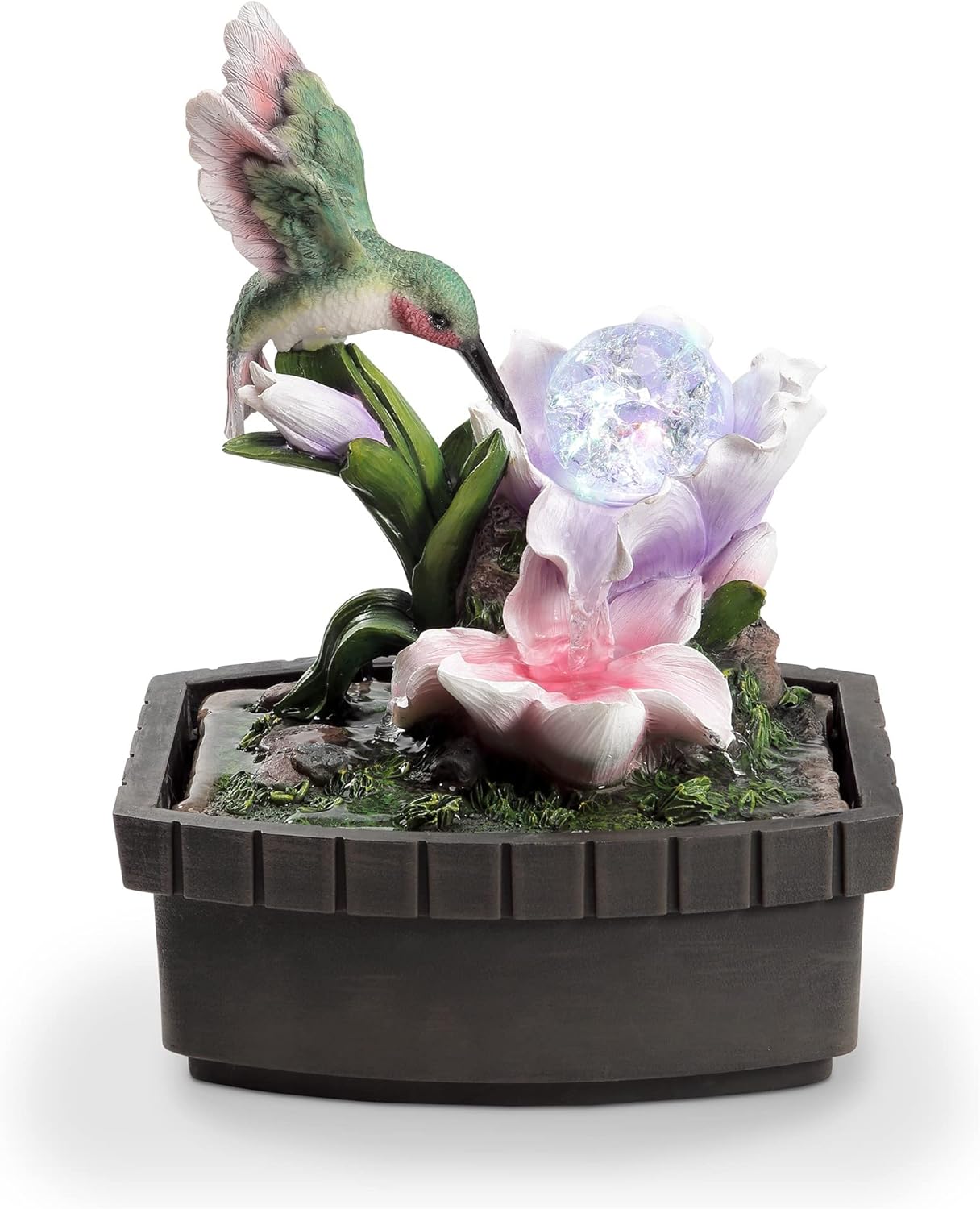 HomeRoots 11" Pink Green and Brown Polyresin Hummingbird Tabletop Fountain