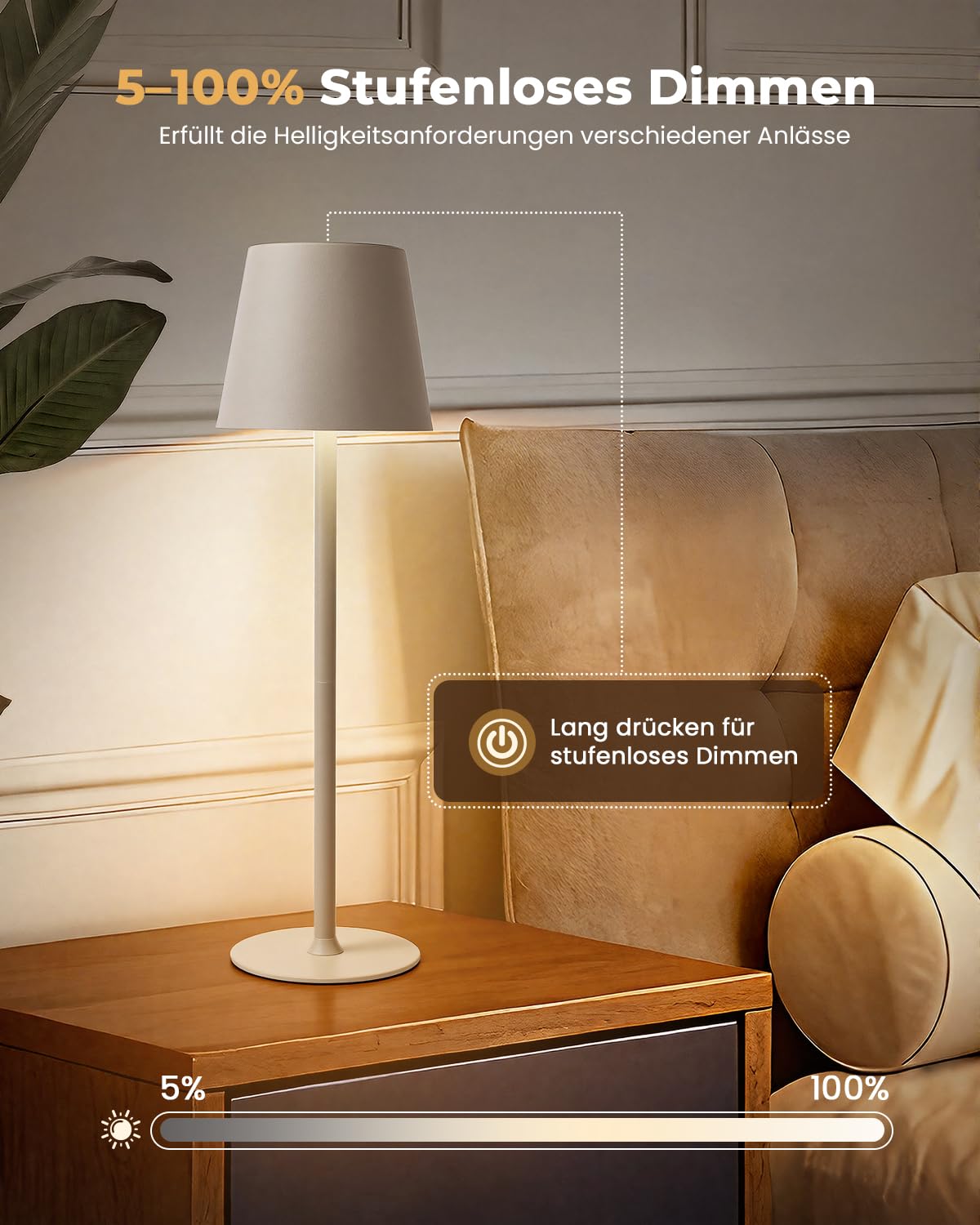 Bonsery Tischlampe Kabellos 2 Stück, Akku Tischleuchte Kabellos mit 3 Farbtemperatur Dimmbar, Portable LED Tischlampe Touch mit 24cm/37.5cm Höhe, Nachttischlampe 2er Set für Büro Garten Bar, Beige