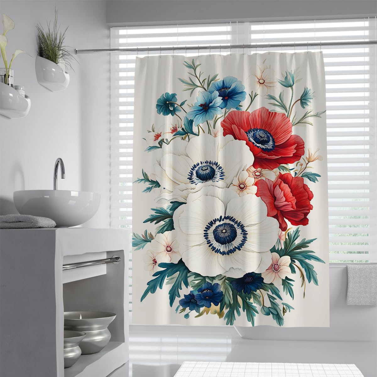UIRINGART Red Blue Floral Shower Curtain W200xL220cm Vintage Poppy Pattern Waterproof Polyester Mildew Resistant Quick Dry Bathroom Curtain with Hooks