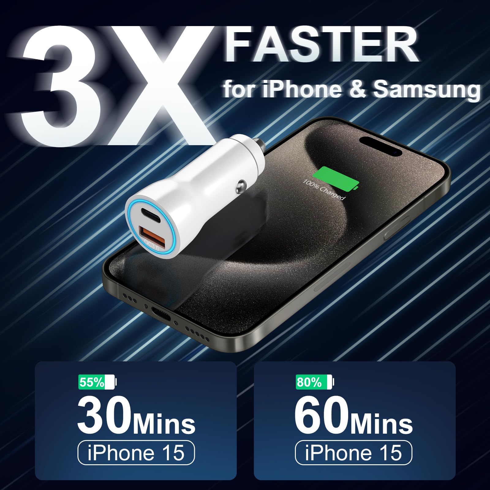 Ładowarka samochodowa do iPhone'a 15 [certyfikat MFi] 43 W podwójny port USB C adapter ładowarki samochodowej z kablem szybkiego ładowania USB-C na C do iPhone'a 15/15 Plus/15 Pro/15 Pro Max/14/13/12,