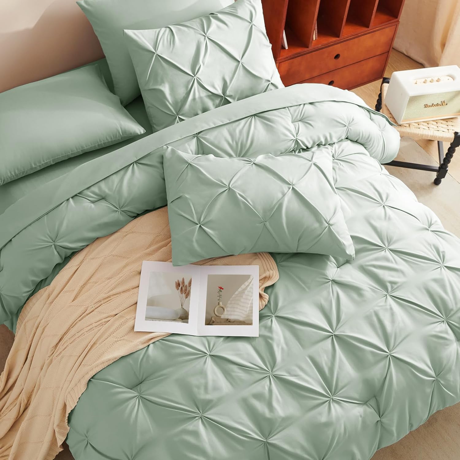 Queen Comforter Set Sage Green, 7 Pieces Pintuck Bed in A Bag Queen Size Bedding, Soft Bed Set All Season Pinch Pleat Comforter Set with Sheets, Pillowcases & Shams - Image 4