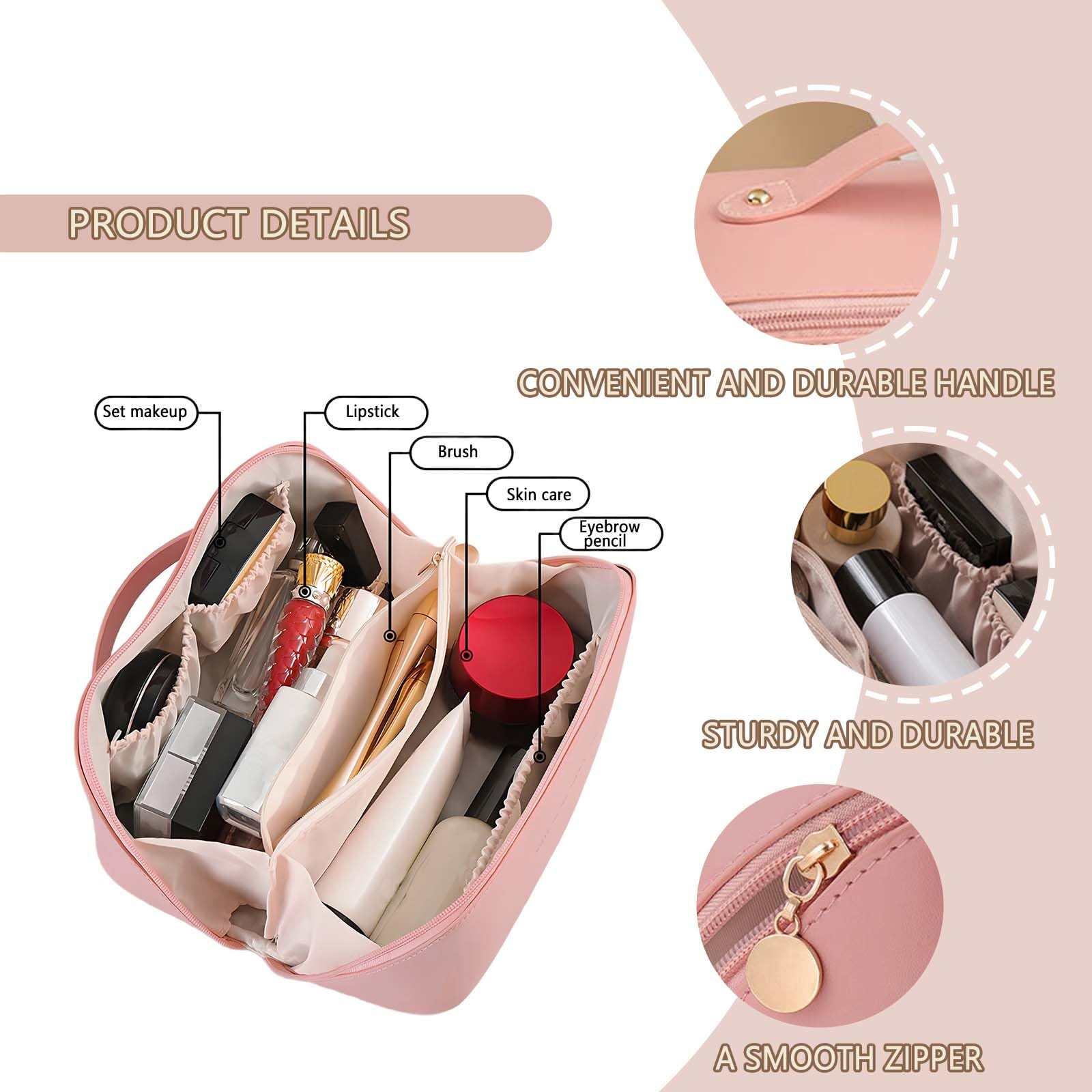 Pink Makeup Bag, Makeup Bag with Compartments, with Handle Cosmetic Bags, Travel Make up Bags - Image 3