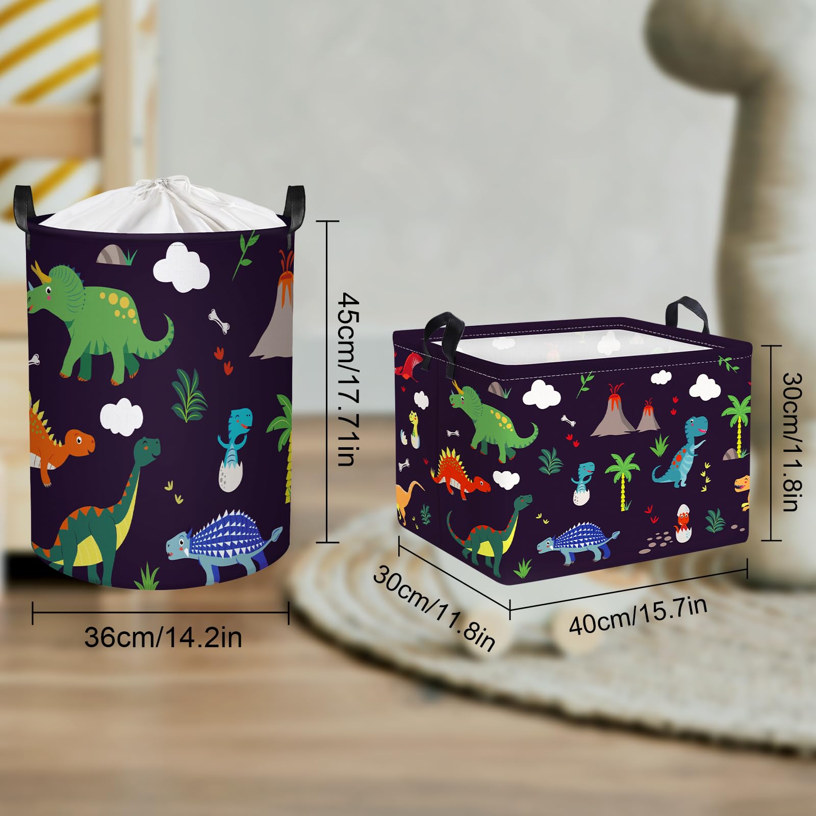 Clastyle Cestino Portaoggetti Dinosauro Triceratopo Albero Vulcano Ceste per la Biancheria Nero Giocattoli Rettangolare per Camera dei Bambini, 40x30x30 cm