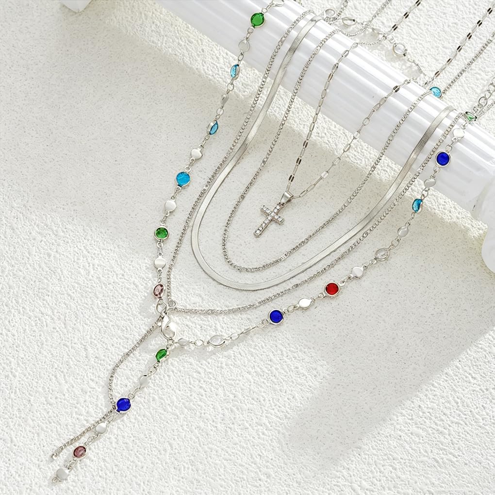 Layered Gold Cross Chain Necklace for Women,Vintage Stackable Colorful Rosary Beaded Necklaces Set,Trendy Boho Jewelry Holiday Outfits Accessories