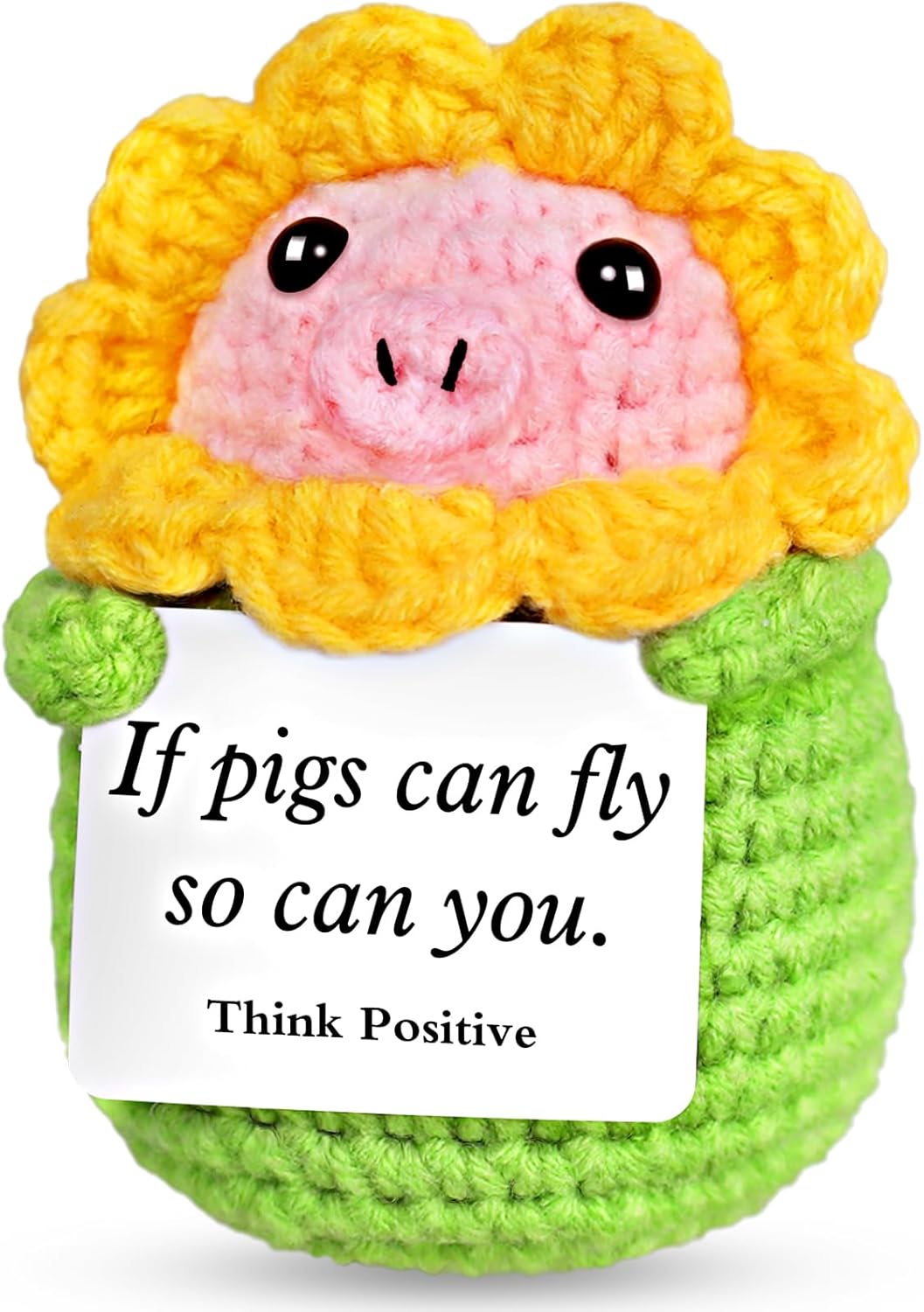 PARTY TONIGHT Cute Positive Crochet Animals Pig Gifts, Emotional Support Handmade Positive Crochet Gifts with Positive Affirmations Cards for Cheer Up Novelty Mini Funny Sunflower Pig Decor