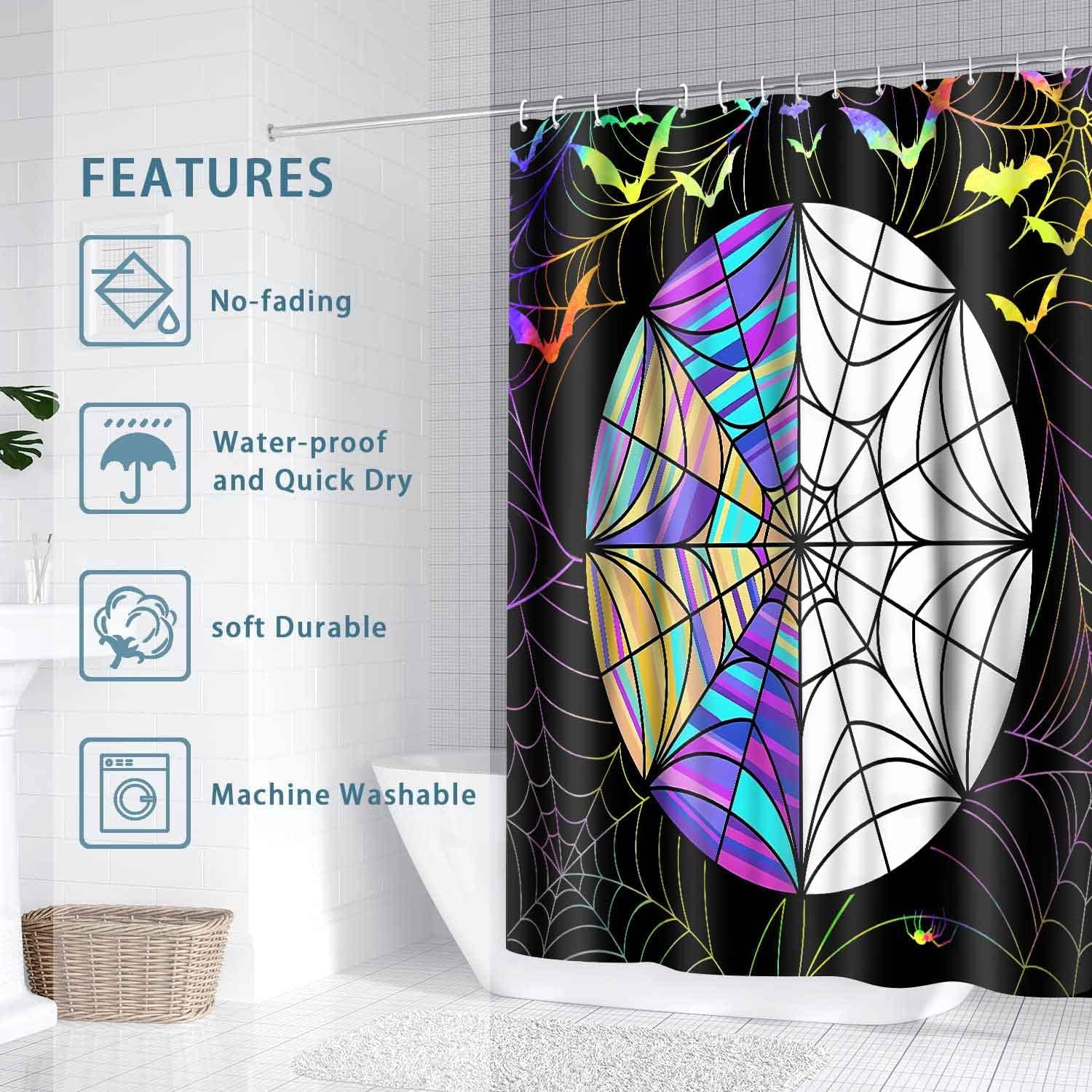 Spider Web Shower Curtains Halloween Gothic Art Stained Glazed Tile Spooky Wednesday Stained Glass Window Pattern Art Decor Set for Bathroom Black 72X72Inch