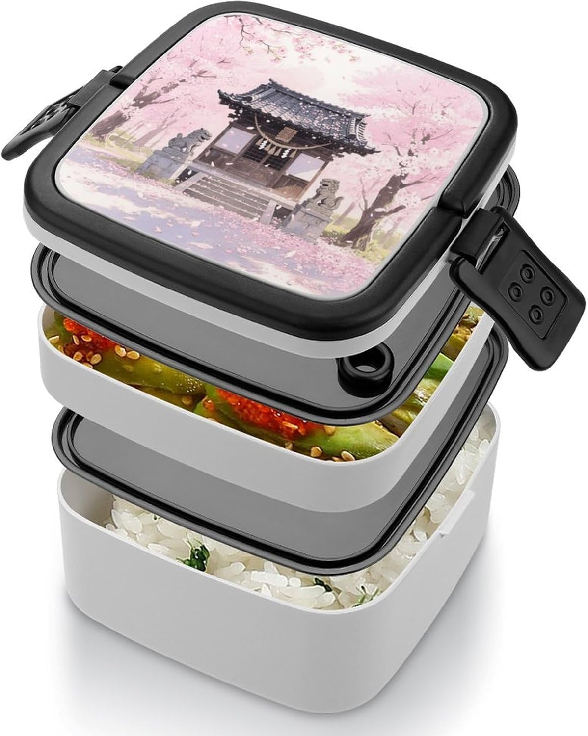 Cherry Blossom Forest Bento Box Double Layer Lunch Box for Adults with Spoon And Handle Bento Boxes Leakproof One-piece Stackable Lunchbox for Work Picnics And Travel