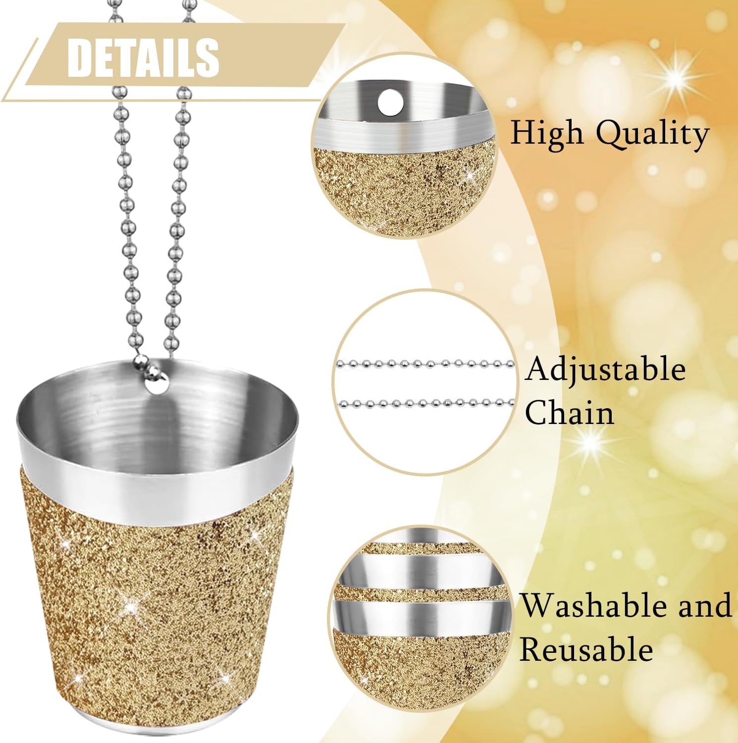 Stainless Steel Shot Glass Necklaces 1 oz/30 ml Bling Bling Shot Glasses with Chains Mini Shot Glass Cups for Wedding Dance Party Christmas Carnival Wine Tasting Party (Gold, 30 Pcs)