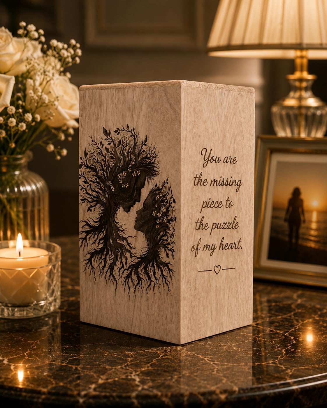 Wooden Cremation Urn for Human Ashes – Romantic Tree Couple Design Memorial Urn Box with Heartfelt Quote – Handmade Funeral Keepsake Urn for Adult Ashes Home Display (((8X5-115 Cu.in)))