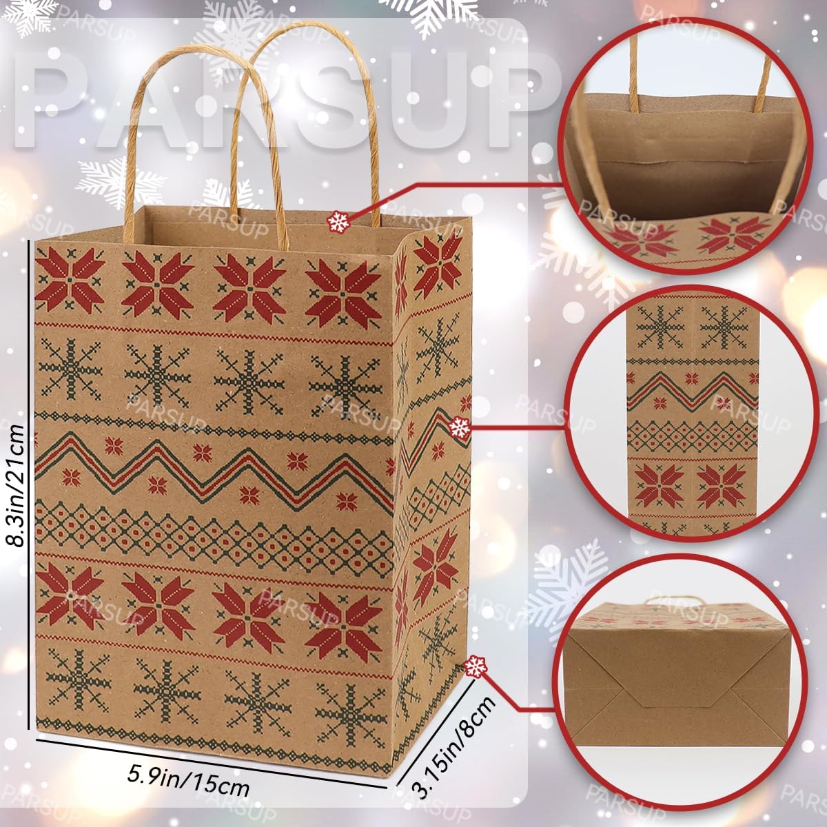 PARSUP 12PCS Christmas Kraft Gift Goodie Bags Assorted Styles Xmas Small Paper Bags with Handles with Christmas Prints for Xmas Gift Wrapping, Party Supplies image 3