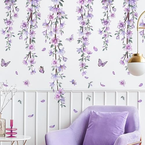 Pegatina de pared de vinilo impermeable con diseño de flores y vides moradas para colgar en casa, dormitorio de niñas, habitación de niños,