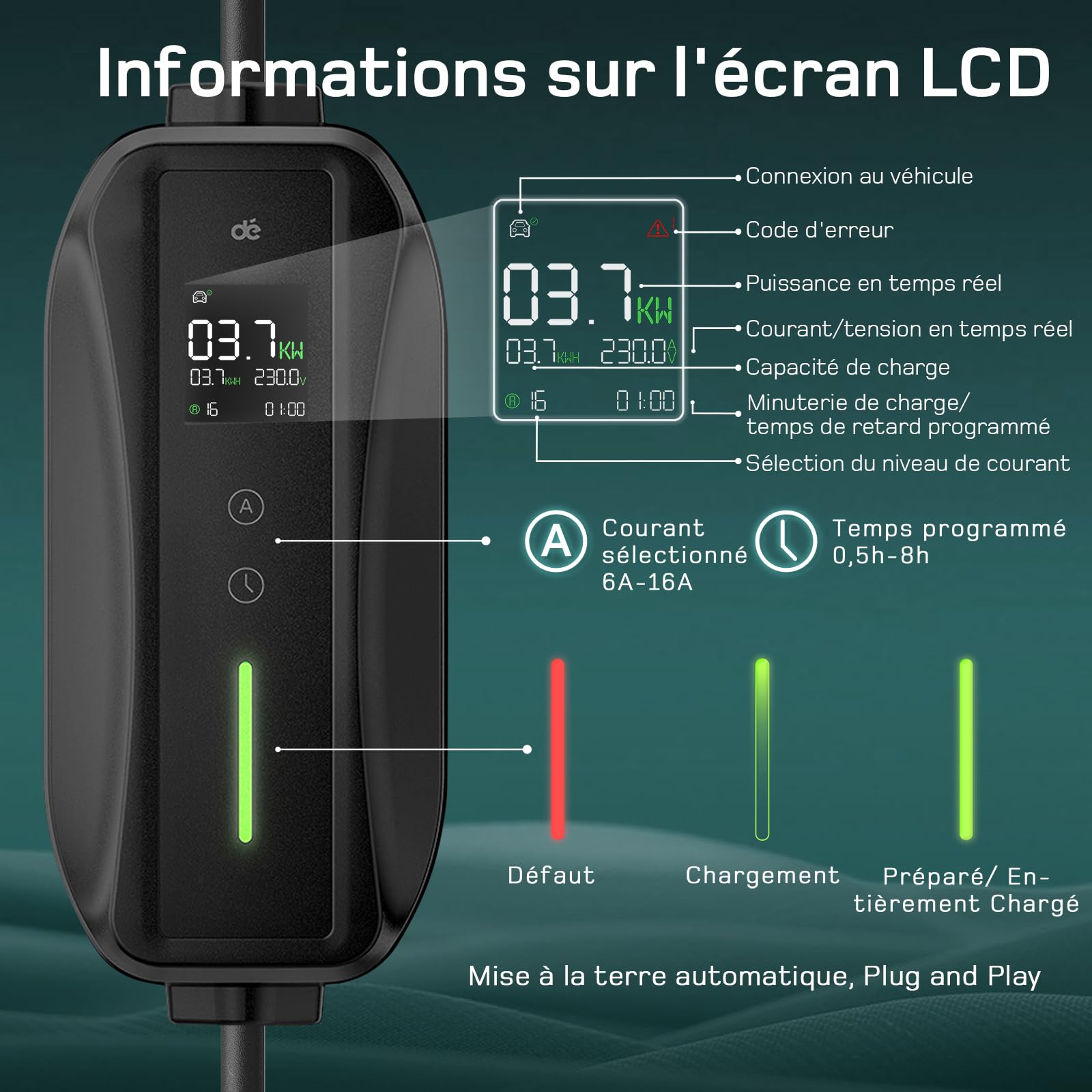 dé Chargeur Voiture Electrique 3,68kW [6m, 6/8/10/13/16A] Cable Type 2 Recharge avec Affichage Numérique Contrôlable Compatible avec e-208, Spring, 500e, Model 3, Megane EV, Zoe et Autres EV et PHEV