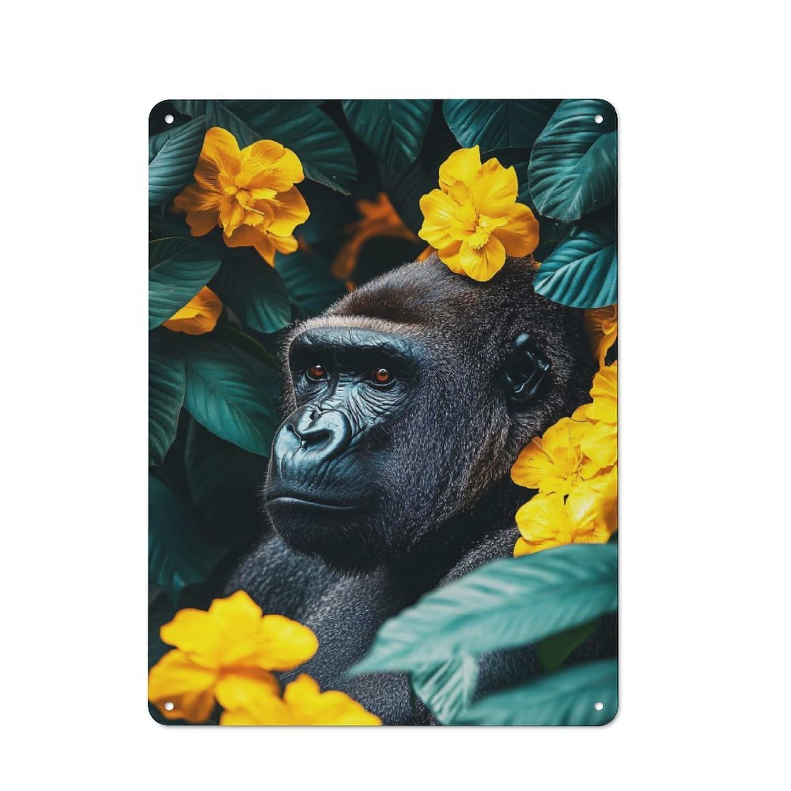 Junmoney Style-22 Gorilla With Yellow Flowers Portrait Tin Sign 40X30cm For Workshop Wall, Vintage Wall Decor, For Metal Sign Collectors, For Garage And Workshop Walls