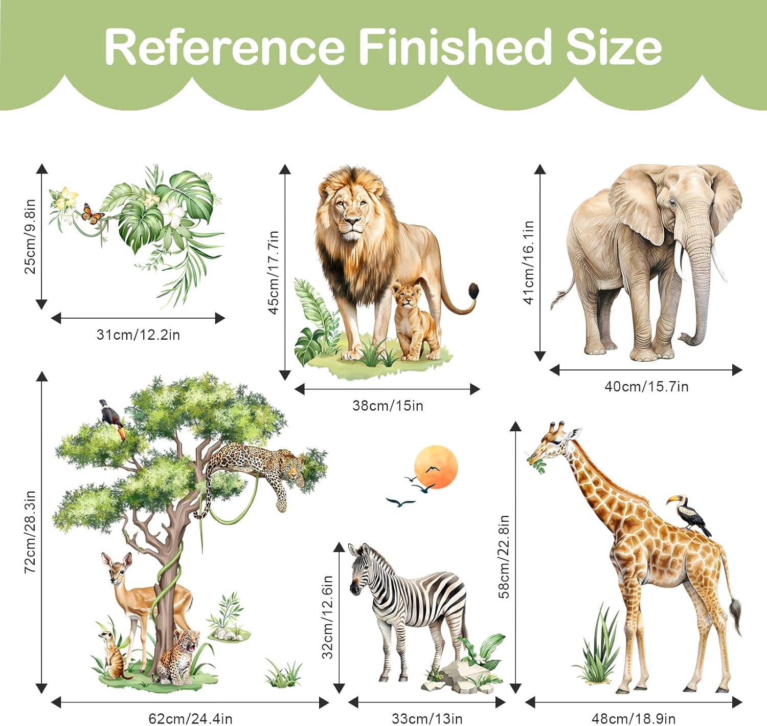 Tanlaby Large Safari Animals Tree Wall Stickers Jungle Animal Giraffe Elephant Lion Leopard Wall Decals Baby Nursery Kids Room Wall Decor(XXL)
