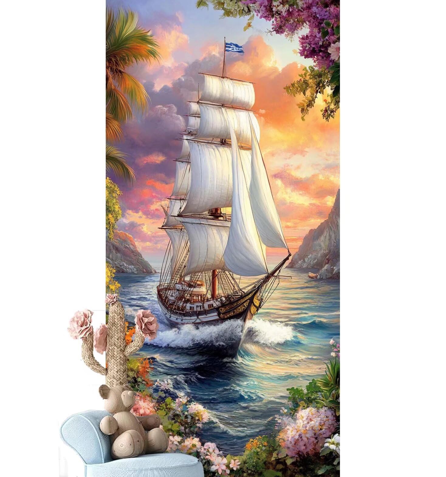 Dipingere con i Numeri per Adulti Bambini, Paint by Numbers con Pennelli Pittura a Pigmento Acrilico, Fai Da Te pittura di Numeri Kit Decora la casa Regalo (Senza Cornice)- Fiore,Barca 70x210cm V-917