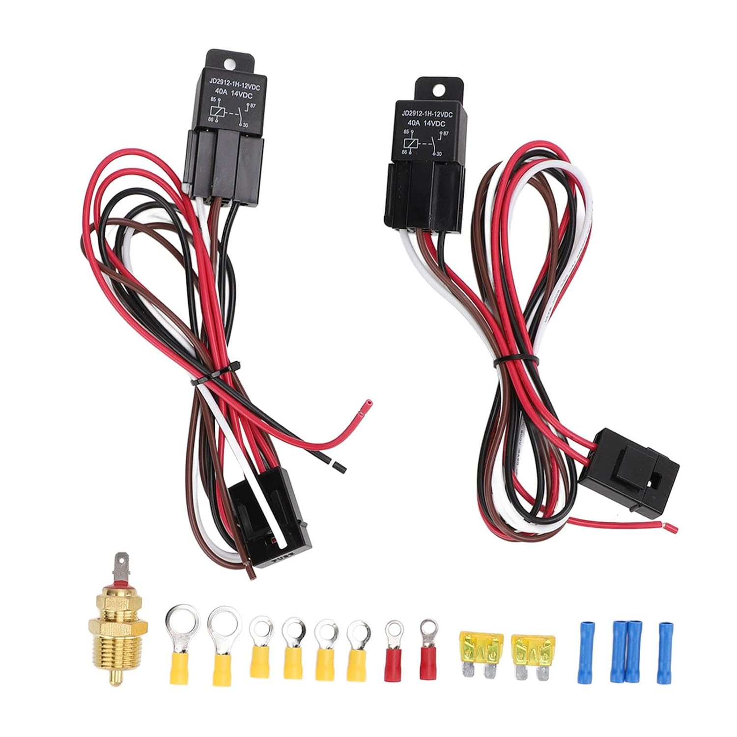Dual Electric Fan Wiring Kit, 12VDC Electric Cooling Fan Relay Thermostat Kit, Fit for 10 12 14 16 Inch Fans, Includes 40A Relay, Wiring Harness, Thermostat,