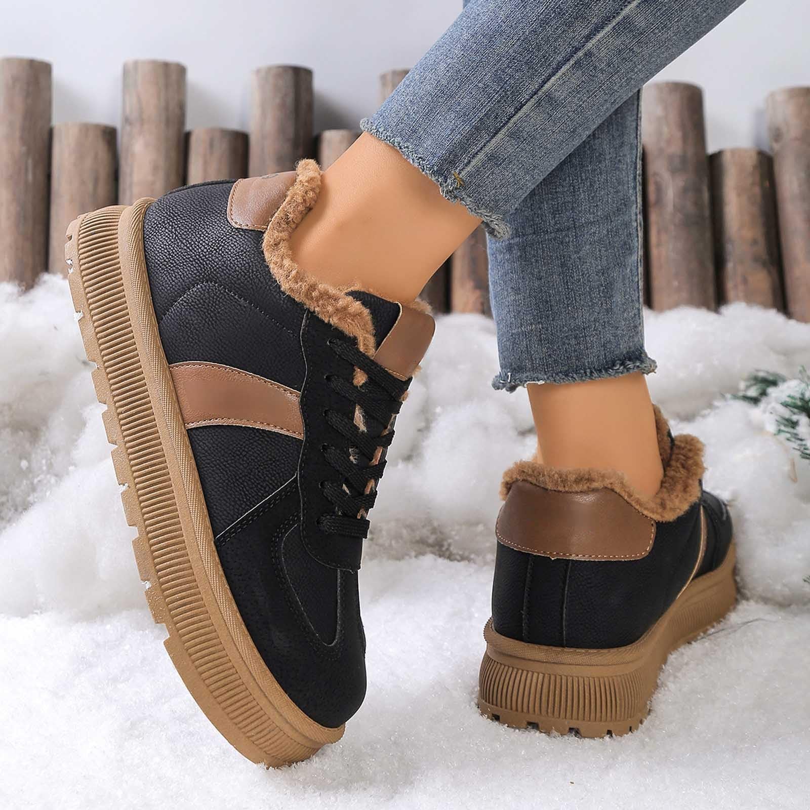 Bottes de Neige Femme Plate Bottes Femme Hiver Chaudes Fourrées Basket Chaussure Hiver en Cuir Imperméable Bottine Botte de Neige Antidérapante Snow Boots Fourrées Bottines Chaussures de Randonnée Ski