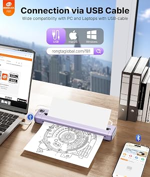 Rongta Portable Printers Wireless for Travel, Bluetooth Mobile Printer, Thermal Inkless Printer for School/Office/Home Use, Compatible with Android,iOS & Laptop (Purple)