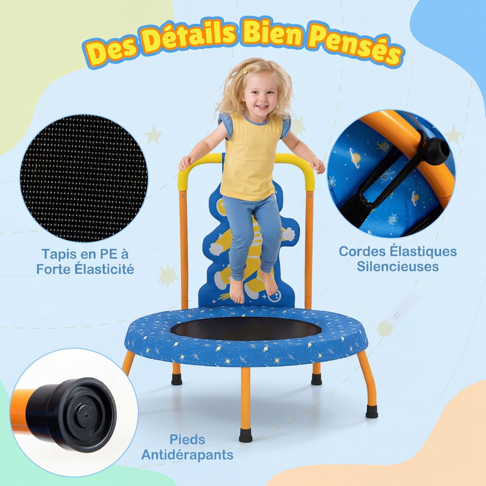 GYMAX Petit Trampoline Intérieur Extérieur pour Enfants 3 à 6 Ans, avec Poignée en Mousse, Tapis de Saut sans Entraves, Charge Max.80kg, Motif Ludique