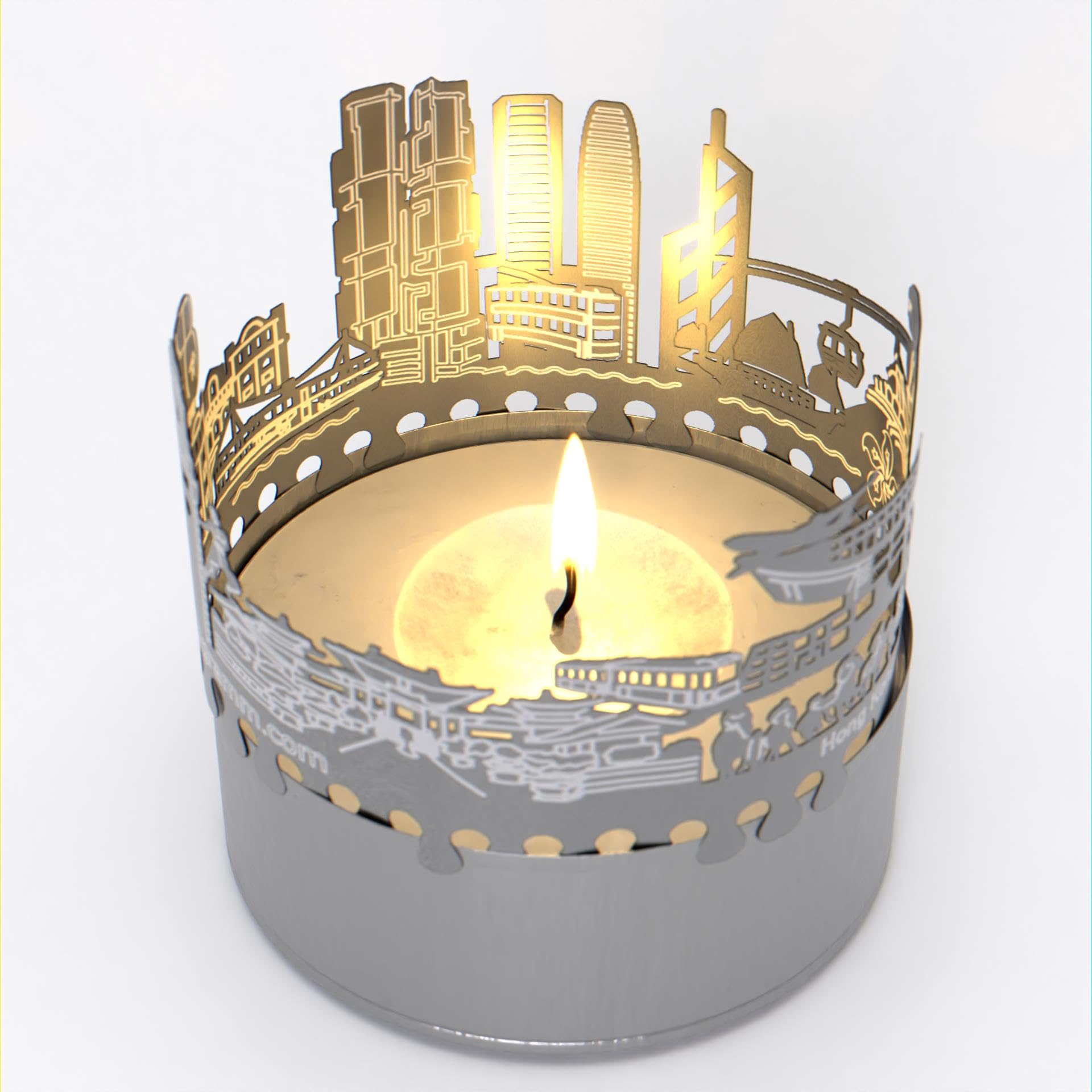13gramm Hong Kong skyline candle votive gift souvenir, 3D stainless steel silhouette for a tea light inclusive greeting card