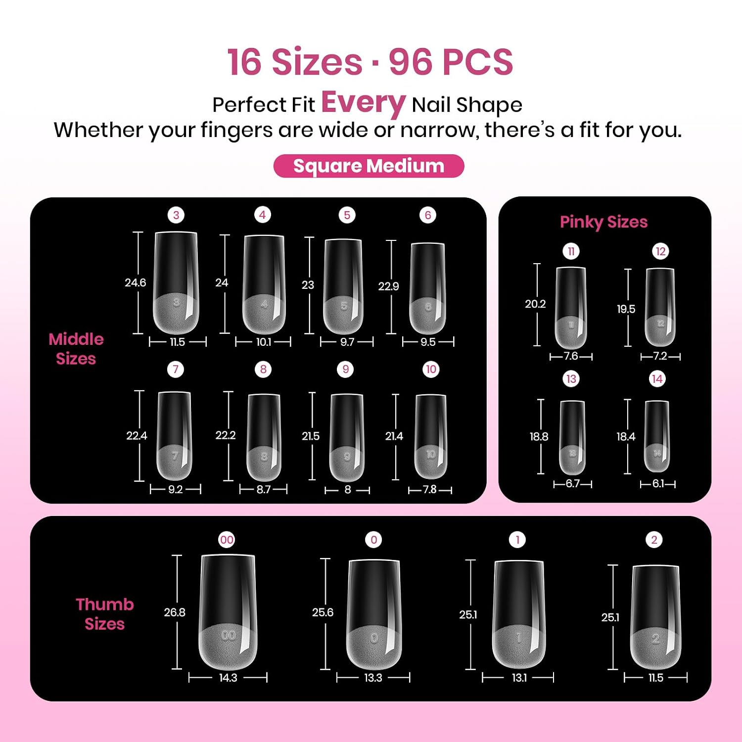 Beetles Tipex Lite Instant Apex Nail Tips, Medium Square, No Builder Gel Needed, 16 Sizes 00-14 for DIY Salon-Look Extensions