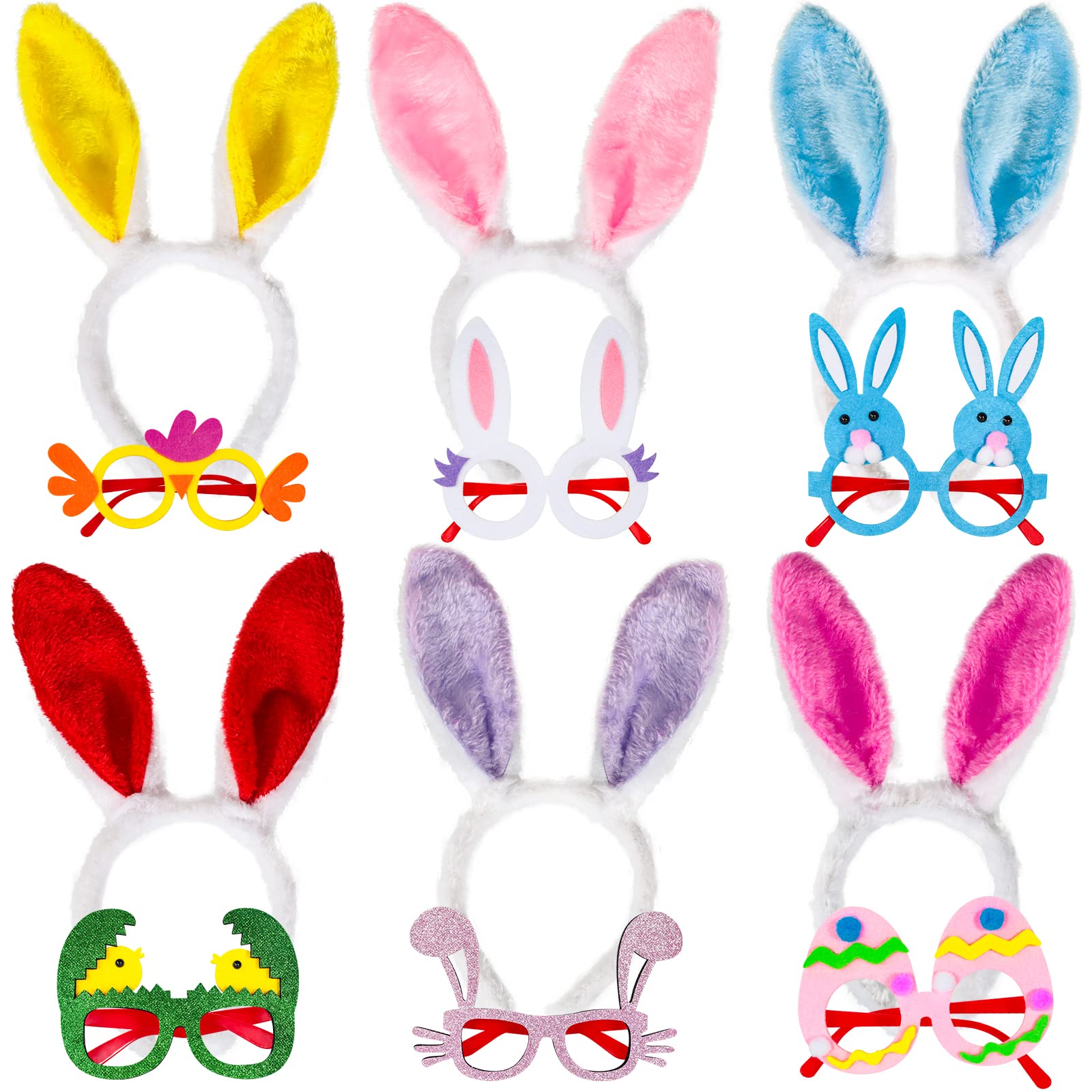 MGparty 12PCS Easter Headbands and Glasses Frame Set Easter Bunny Ears Rabbit Chick Eggs Party Favor Decorations Supplies Photo Booth for Kids and