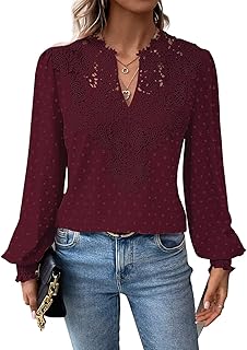 Womens Tops V Neck Boho Long Sleeve Shirts Swiss Dot Chiffon Blouses Flowy Lace Crochet Clothing Casual Trendy Tunic