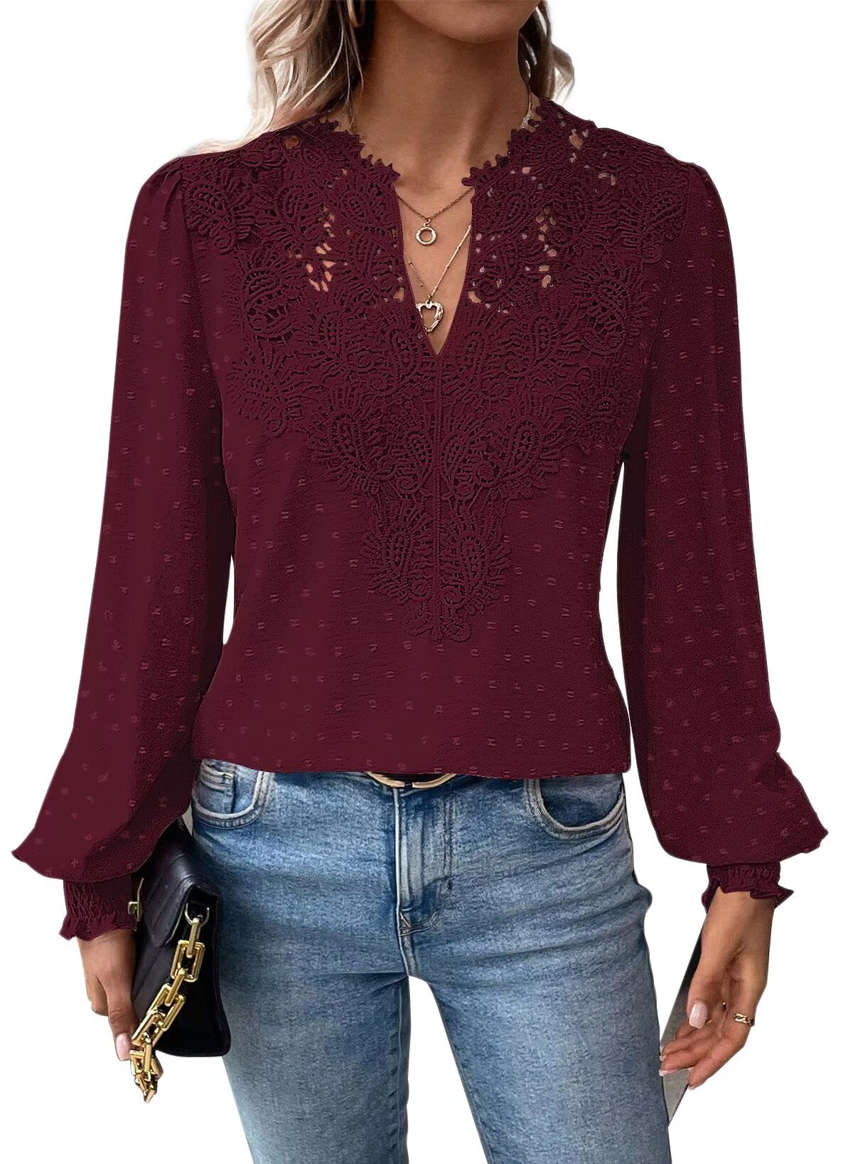 Falechay Womens Tops Swiss Dot Boho Long Sleeve Shirts V Neck Casual Chiffon Blouses Flowy Lace Hem Cute Clothing Trendy 2026