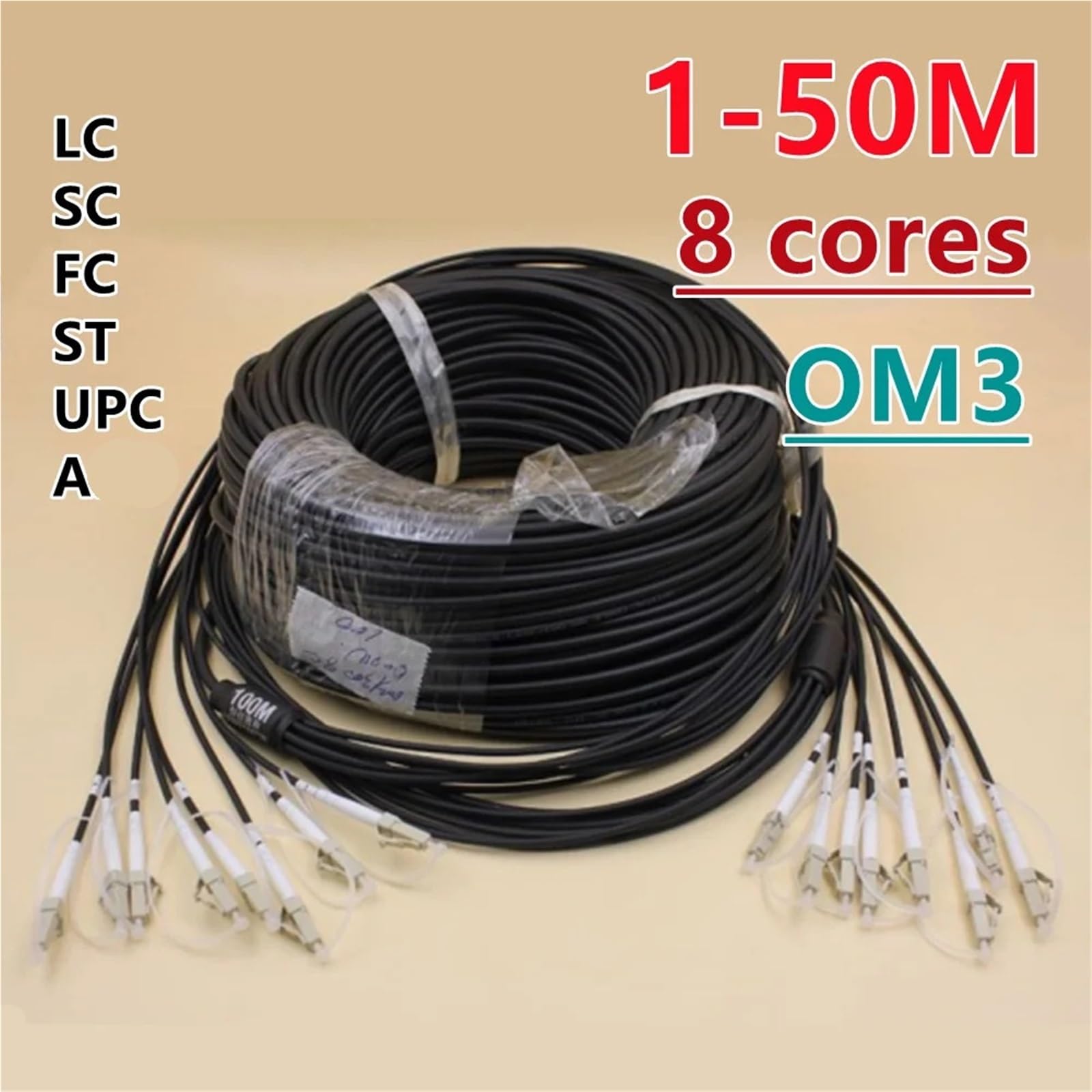 Câble de raccordement à fibre optique blindé, 1 à 50 m, multimode 8 fils, adapté pour une utilisation en extérieur