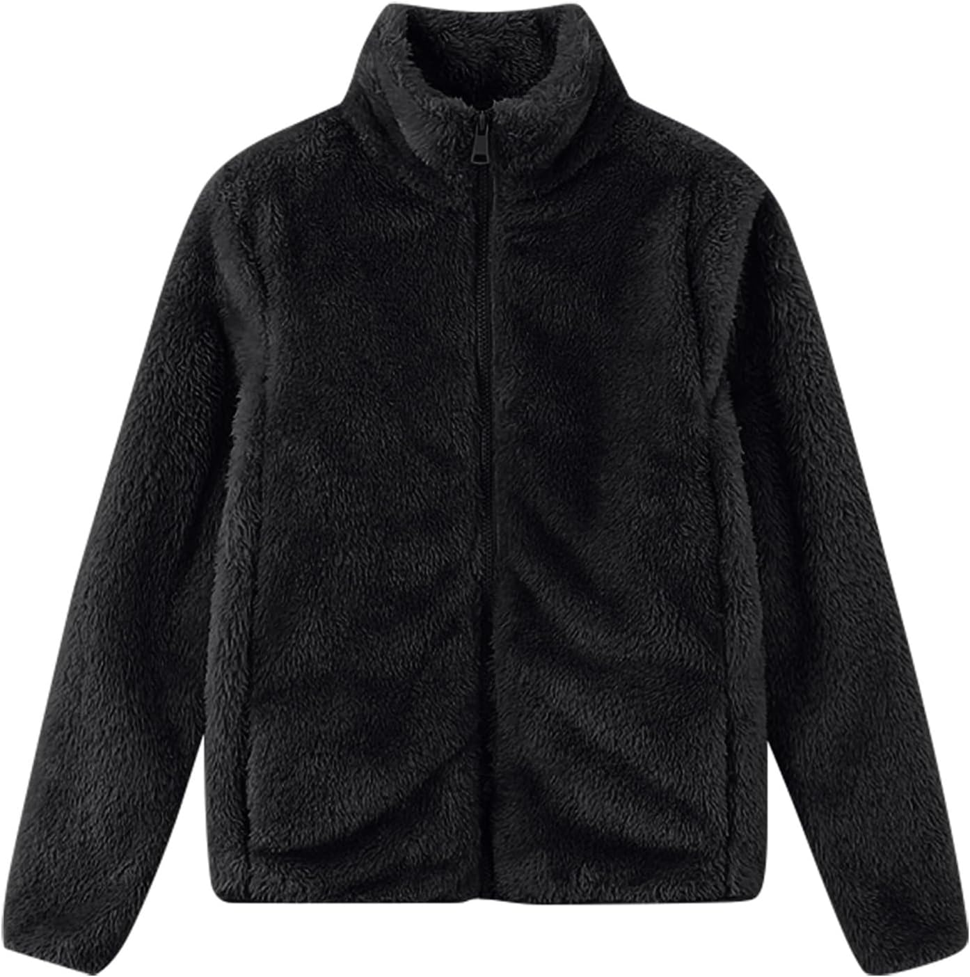 Womens Fuzzy Fleece Jacket Stand Collar Cozy Sherpa Coat Full Zip Long Sleeve Warm Jackets Outwear with Pockets Black#01 X-Large - Image 1 of 5